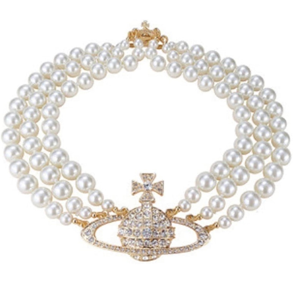 Vivienne Westwood Three Row Pearl Bas Relief Choker Necklace